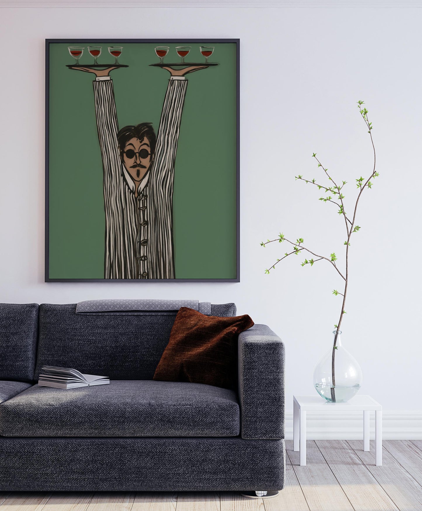 Vintage Waiter Canvas Wall Art , Mid‑Century Modern Restaurant