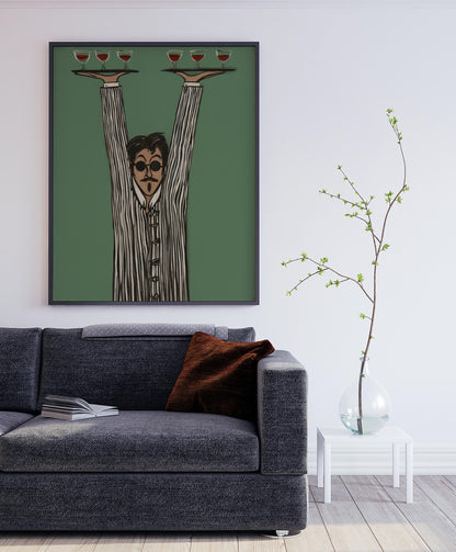 Vintage Waiter Canvas Wall Art , Mid‑Century Modern Restaurant