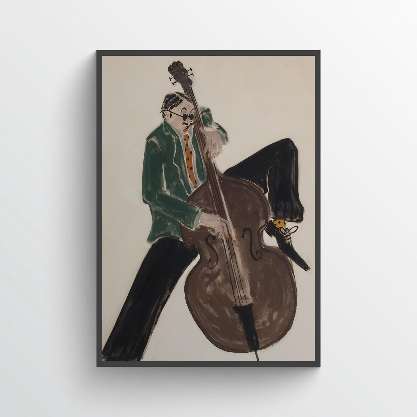 Mid‑Century Jazz Bassist Canvas Wall Art , Abstract Musician Print