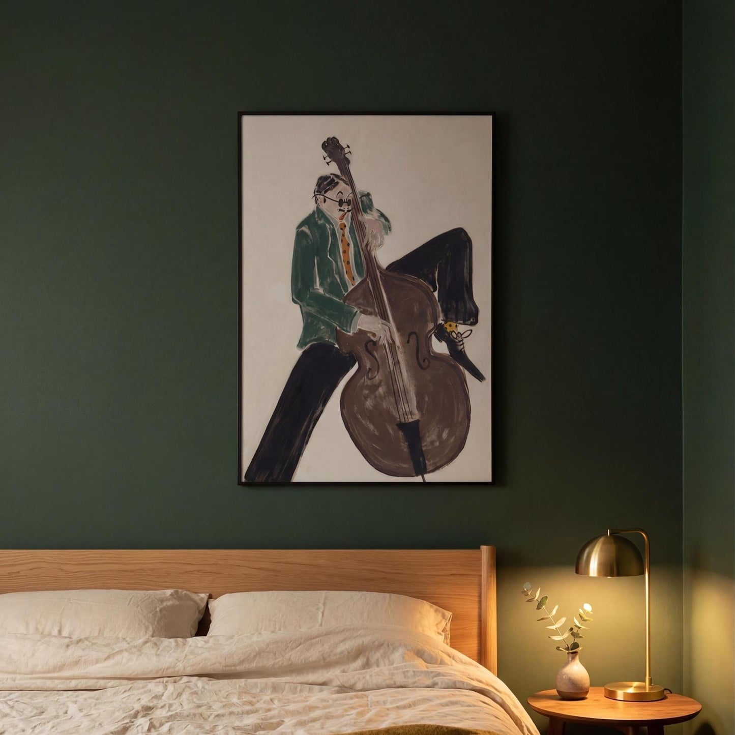 Mid‑Century Jazz Bassist Canvas Wall Art , Abstract Musician Print