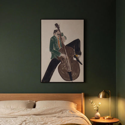 Mid‑Century Jazz Bassist Canvas Wall Art , Abstract Musician Print