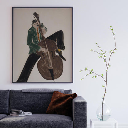 Mid‑Century Jazz Bassist Canvas Wall Art , Abstract Musician Print