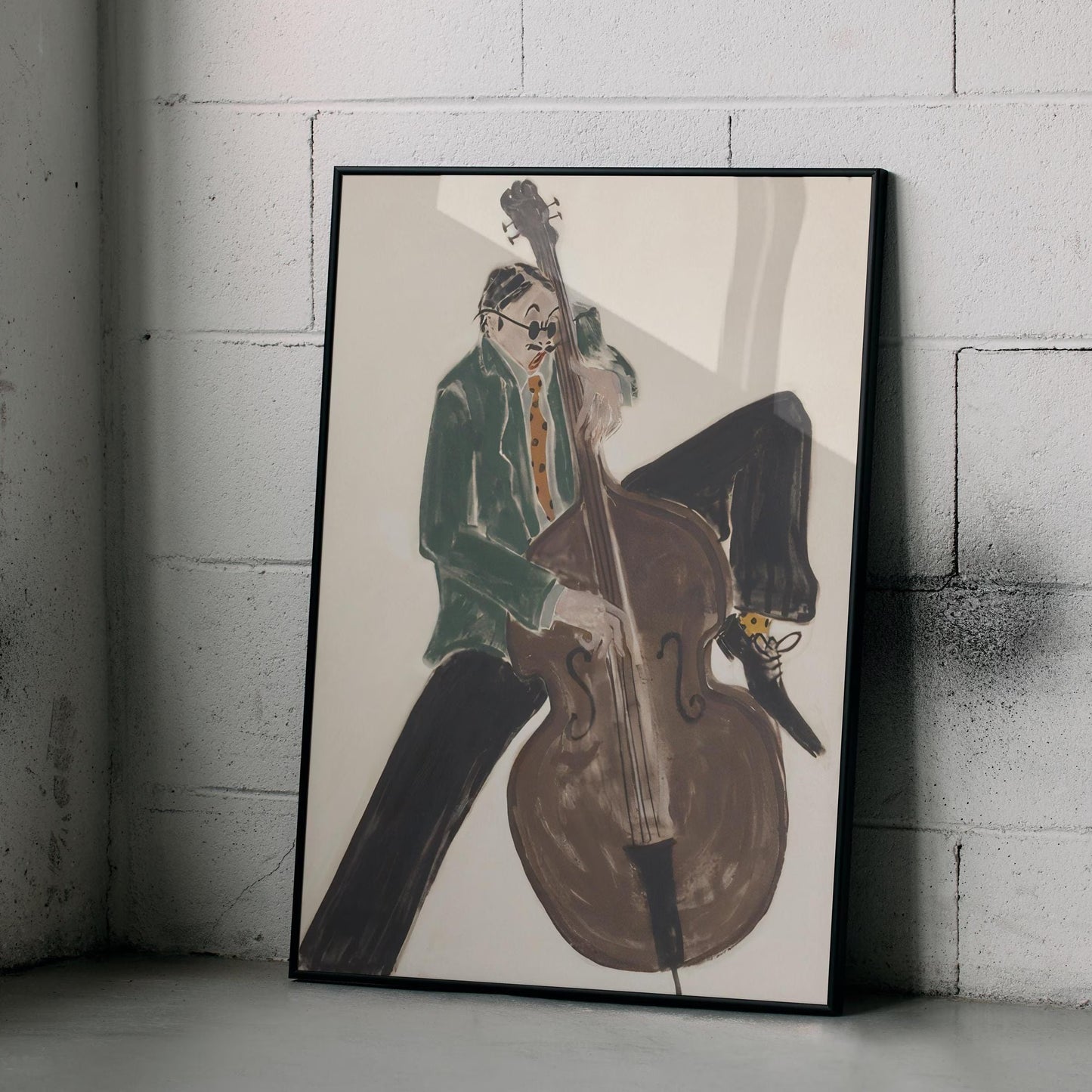 Mid‑Century Jazz Bassist Canvas Wall Art , Abstract Musician Print