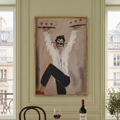 Funny Waiter Canvas Wall Art , Modern Retro Bar Decor