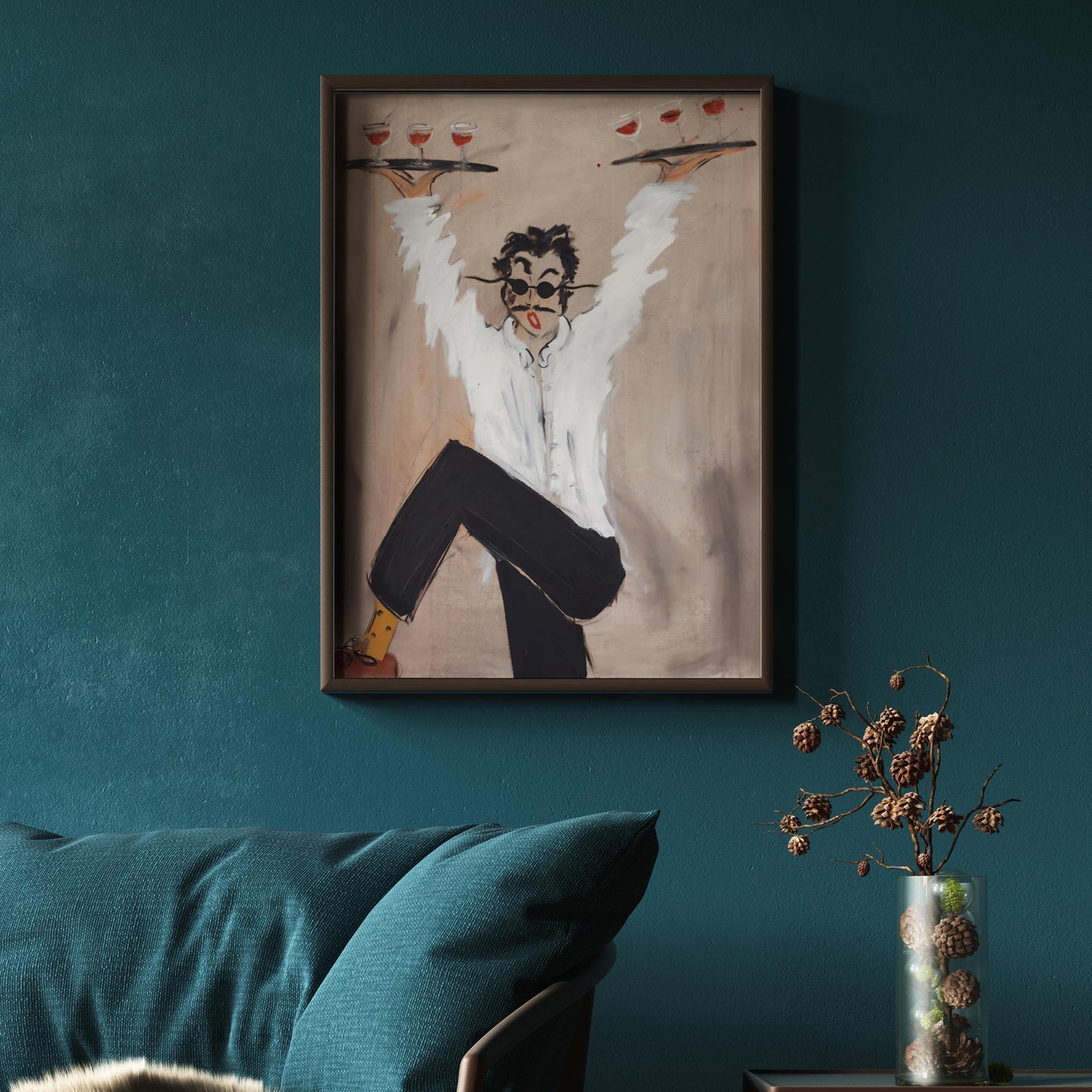 Funny Waiter Canvas Wall Art , Modern Retro Bar Decor
