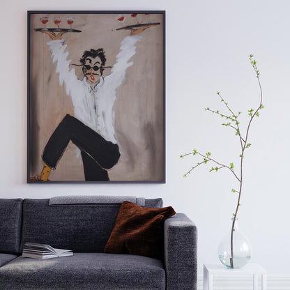 Funny Waiter Canvas Wall Art , Modern Retro Bar Decor