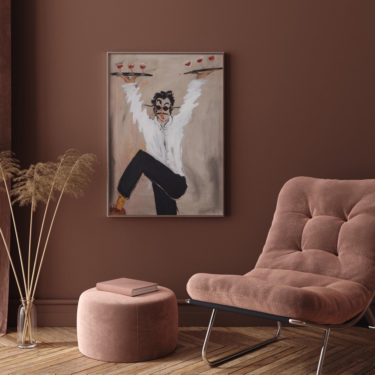 Funny Waiter Canvas Wall Art , Modern Retro Bar Decor