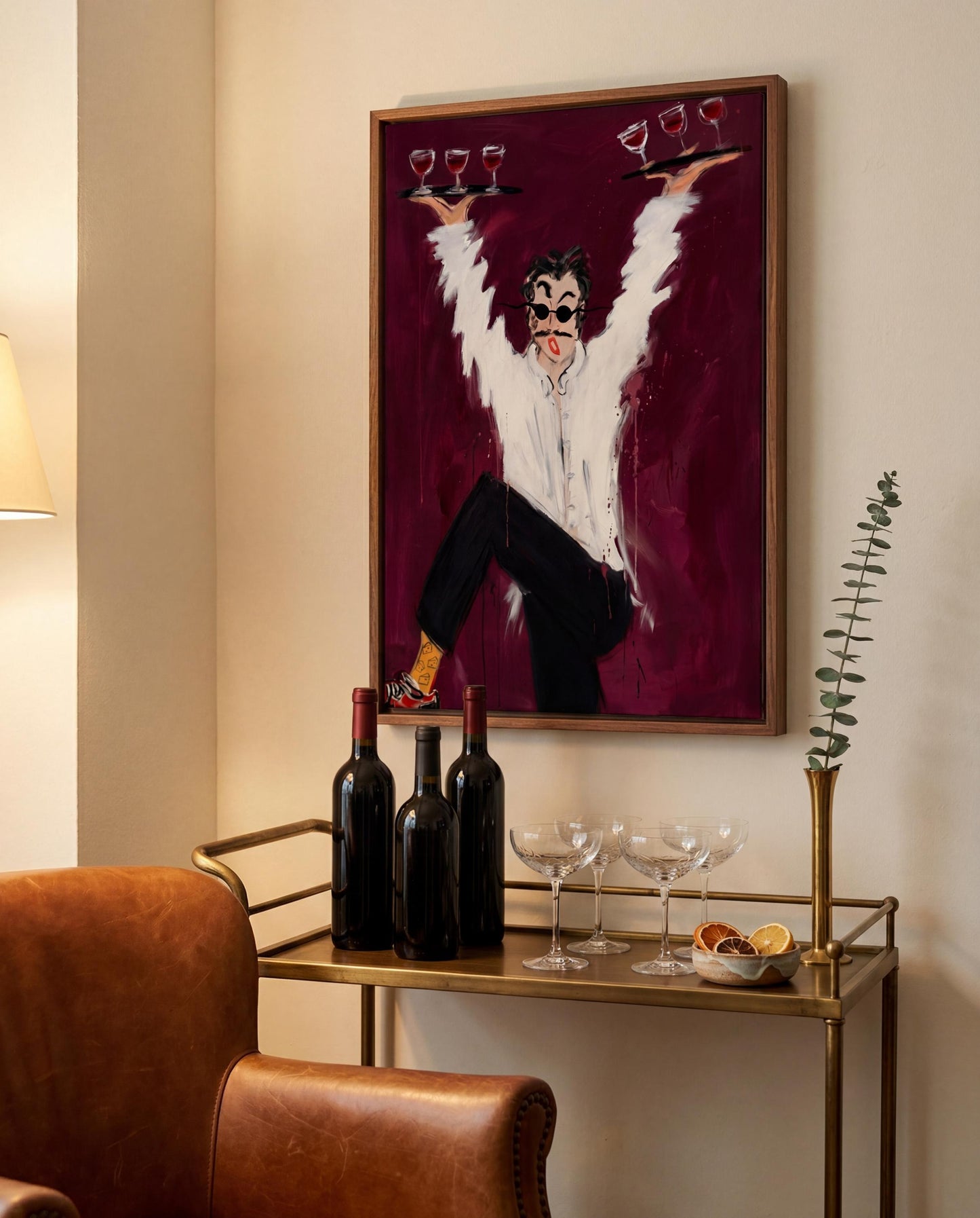 Wine Waiter Canvas Wall Art, Moody Cocktail Bar Deco