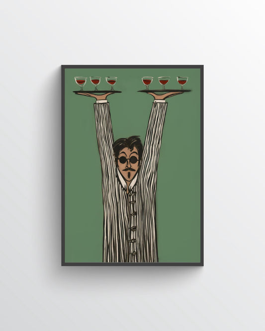 Vintage Waiter Canvas Wall Art , Mid‑Century Modern Restaurant