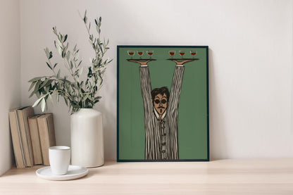 Vintage Waiter Canvas Wall Art , Mid‑Century Modern Restaurant