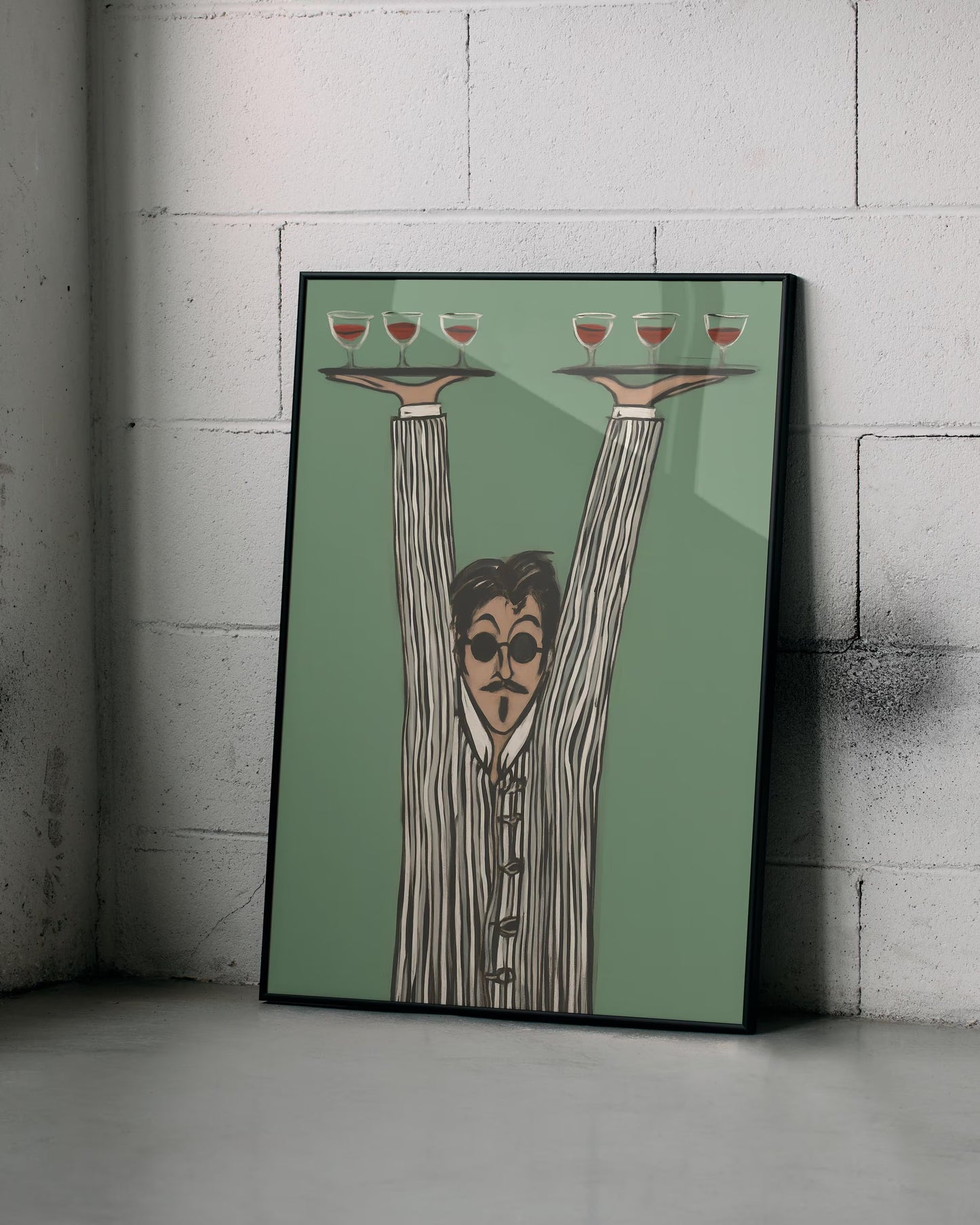 Vintage Waiter Canvas Wall Art , Mid‑Century Modern Restaurant